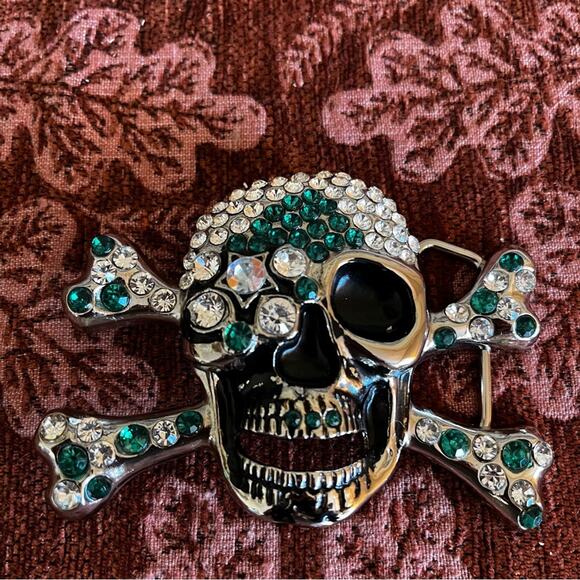 Bling Skull Crossbones Belt Buckle Emerald Green Bling - Picture 9 of 10
